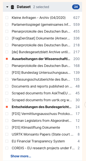 Screenshot of the OpenAleph filter bar