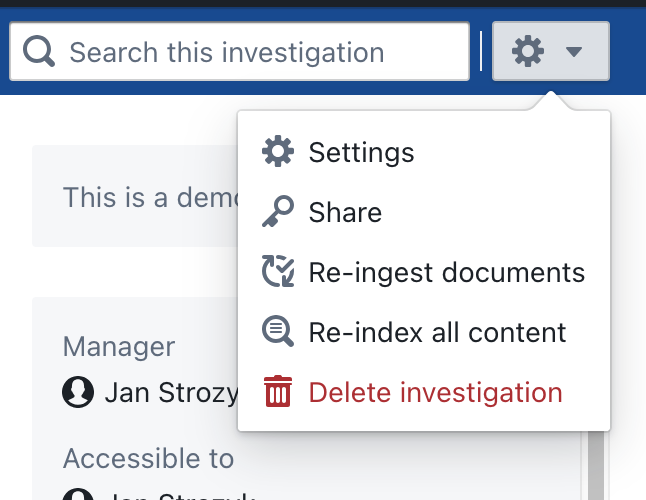Screenshot of the investigation settings menu
