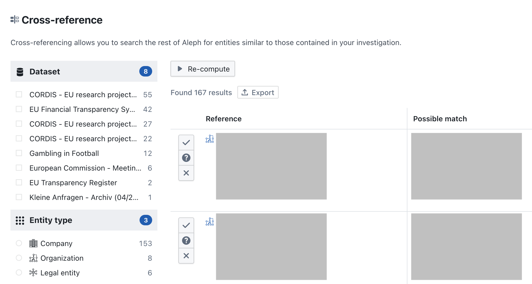 Screenshot of the OpenAleph xref view